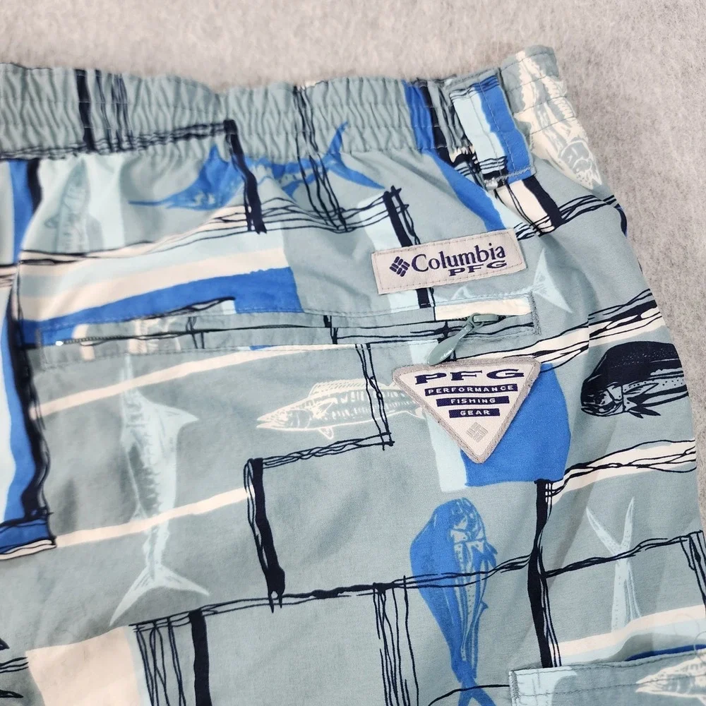 Columbia PFG AOP Fish Swim Trunks Men XXL 40x6 Gray Blue White Omni Shade Pocket